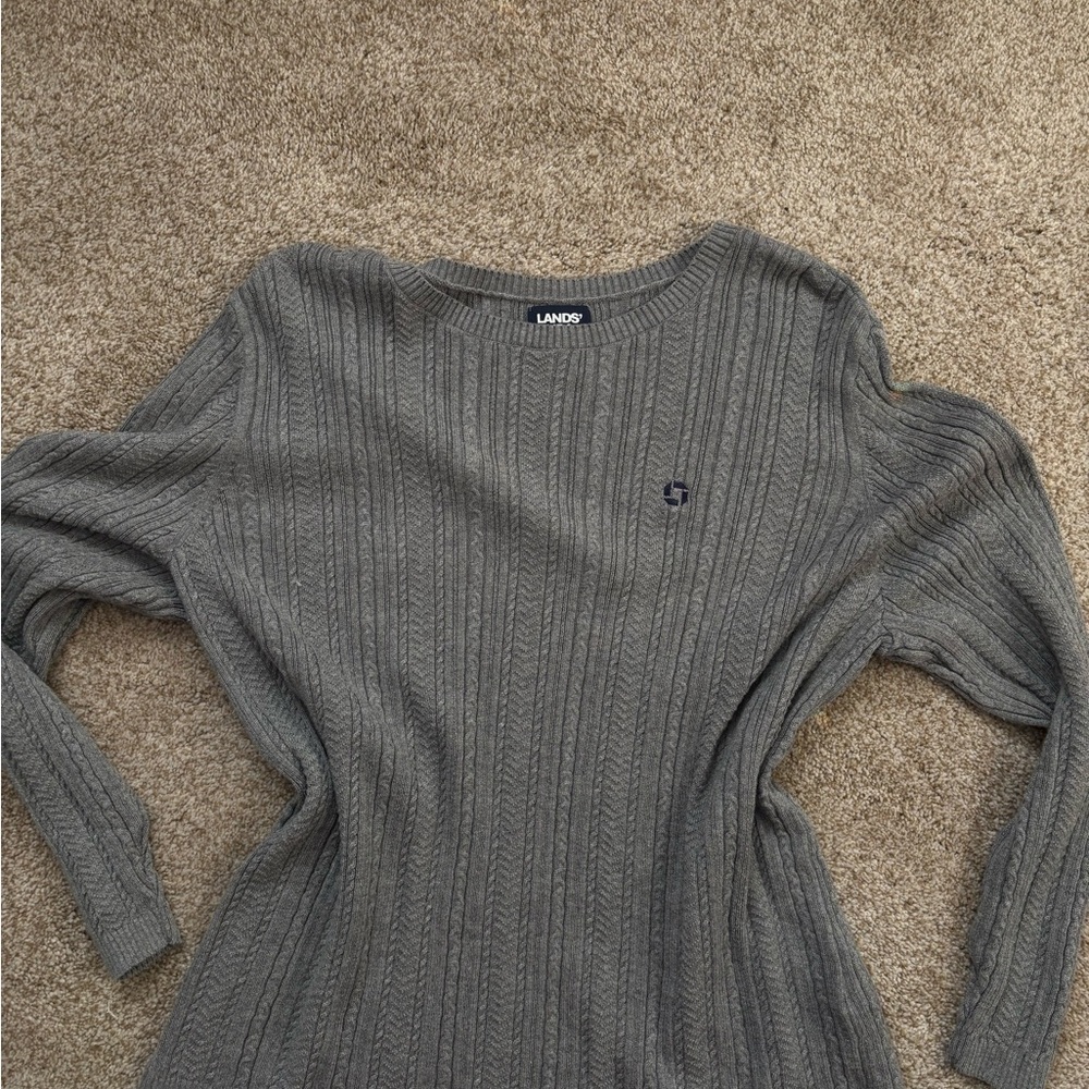 Chase Bank Lands' End Gray Ribbed Crew Neck Sweater